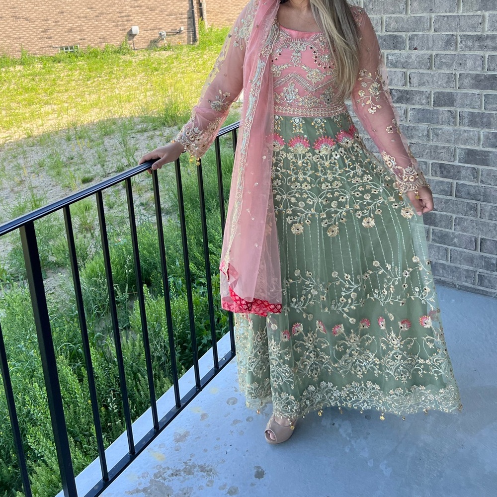 Elegant Green and Pink Embroidered Pakistani dress